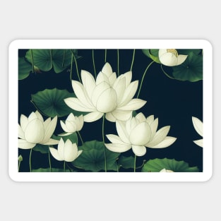 White Lotus Flowers on Navy Background Sticker